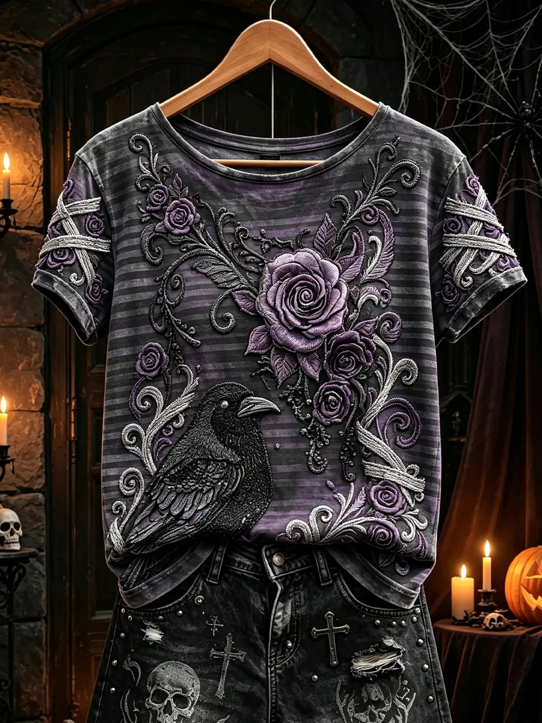 Raven And Roses T-Shirt Gothic Halloween Merch Trendy Halloween Apparel - Merchluma