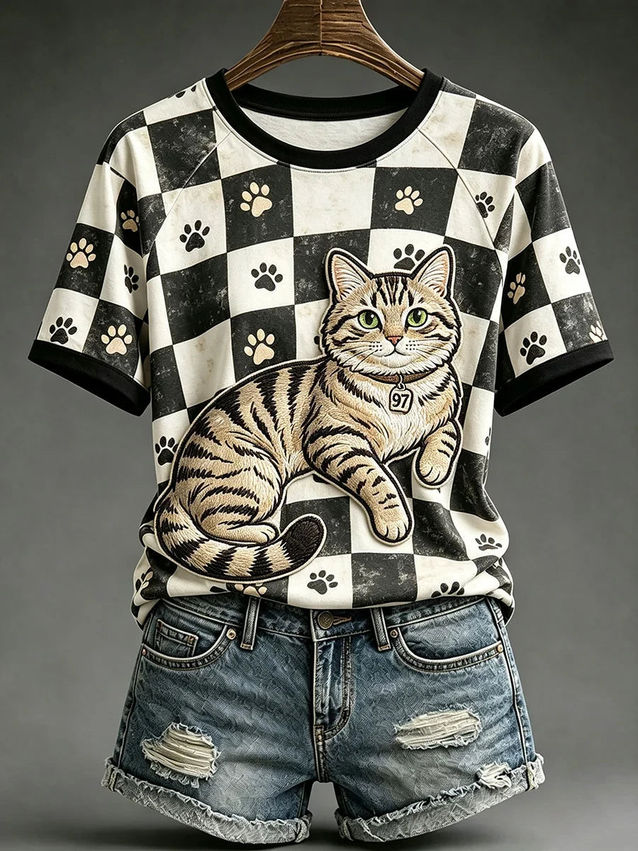 Tabby Cat On Checkerboard With Paw T-Shirt Cat Paw Merch Fall Fashion Gift Ideas - Merchluma