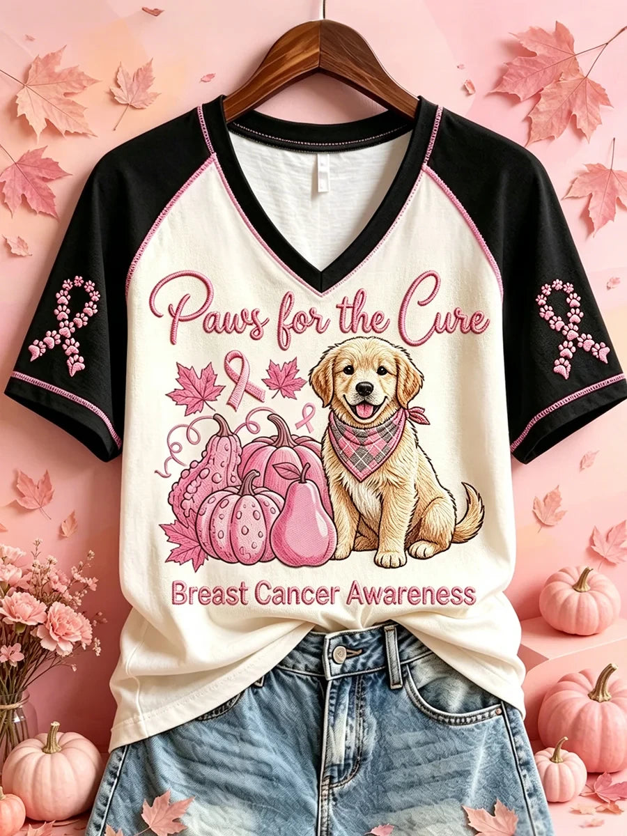 Paws For The Cure Breast Cancer Awareness Dog V-Neck Shirt Cute Fall Apparel Dog Mom Gifts - Merchluma