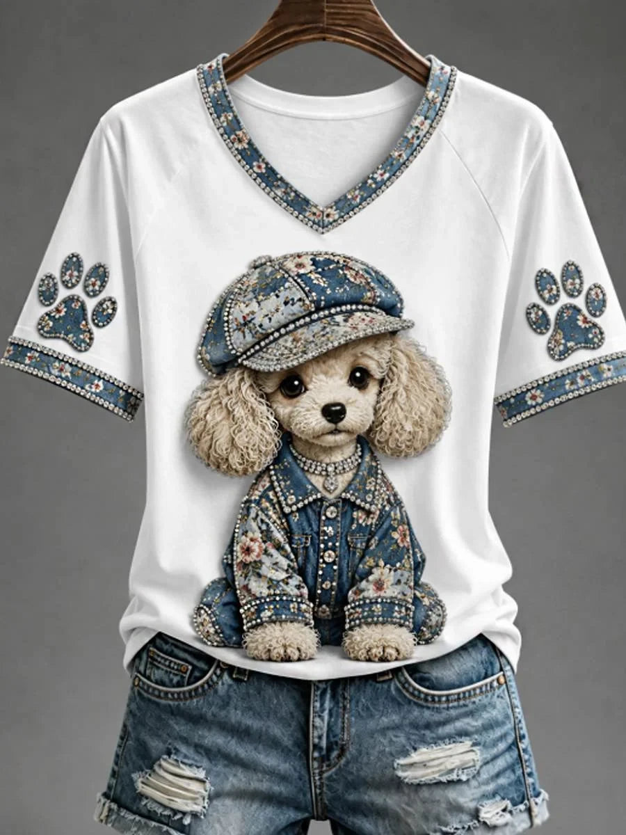 Poodle V-Neck Shirt White Floral Denim Dog Jacket Shirts Best Gift For Poodle Lovers - Merchluma