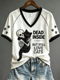 Skeleton Dead Inside But Still Love Cats V-Neck Shirt Halloween Apparel Women's Cat Lover Gifts - Merchluma