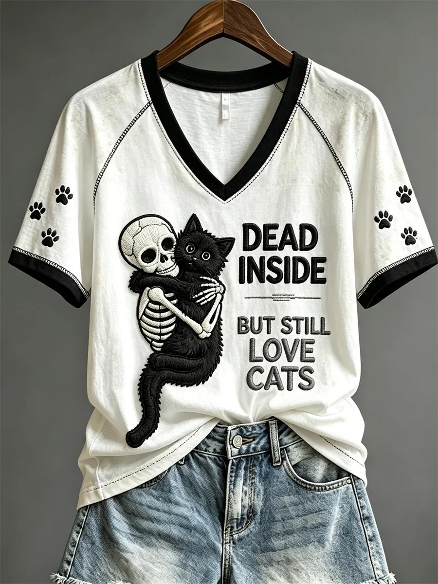 Skeleton Dead Inside But Still Love Cats V-Neck Shirt Halloween Apparel Women's Cat Lover Gifts - Merchluma
