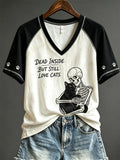 Skeleton Dead Inside But Still Love Cats V-Neck Shirt Halloween Outfit Gift for Cat Lovers - Merchluma