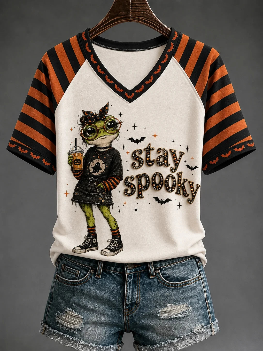Spooky Babe Frog V-Neck Shirt Trendy Halloween Apparel Best Gift For Sisters - Merchluma