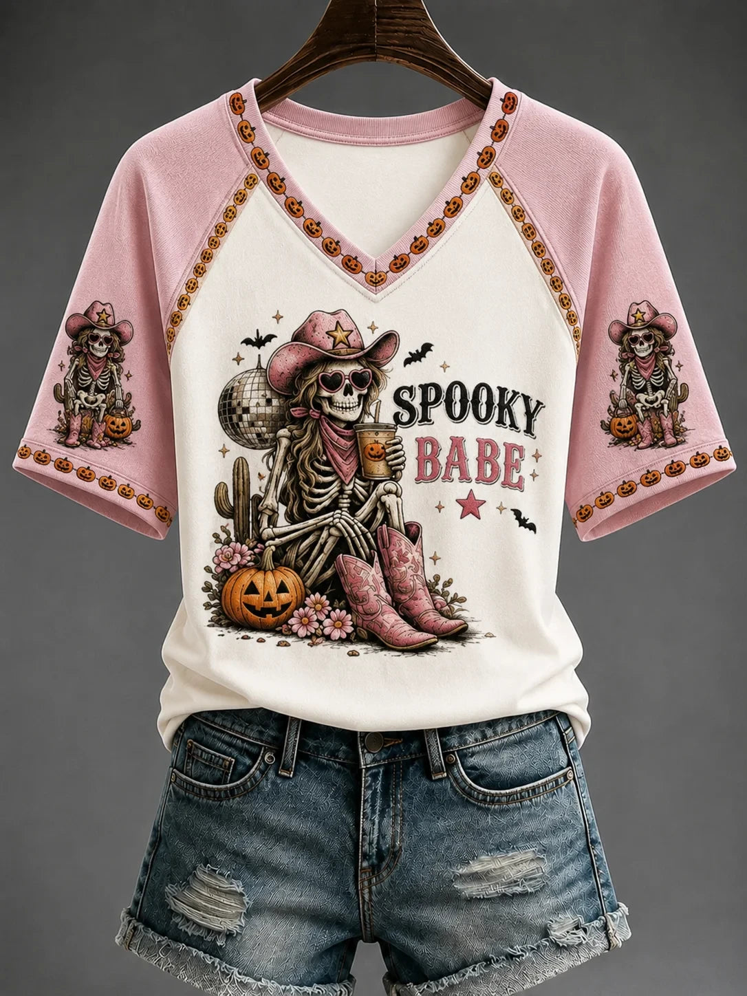 Spooky Babe Western Themed V-Neck Shirt Halloween Horror Nights Apparel Gift For Cowgirl - Merchluma