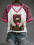 Stay Spooky Skeleton V-Neck Shirt Messy Bun Skull Bubblegum Halloween Tee Spooky Season Gifts - Merchluma