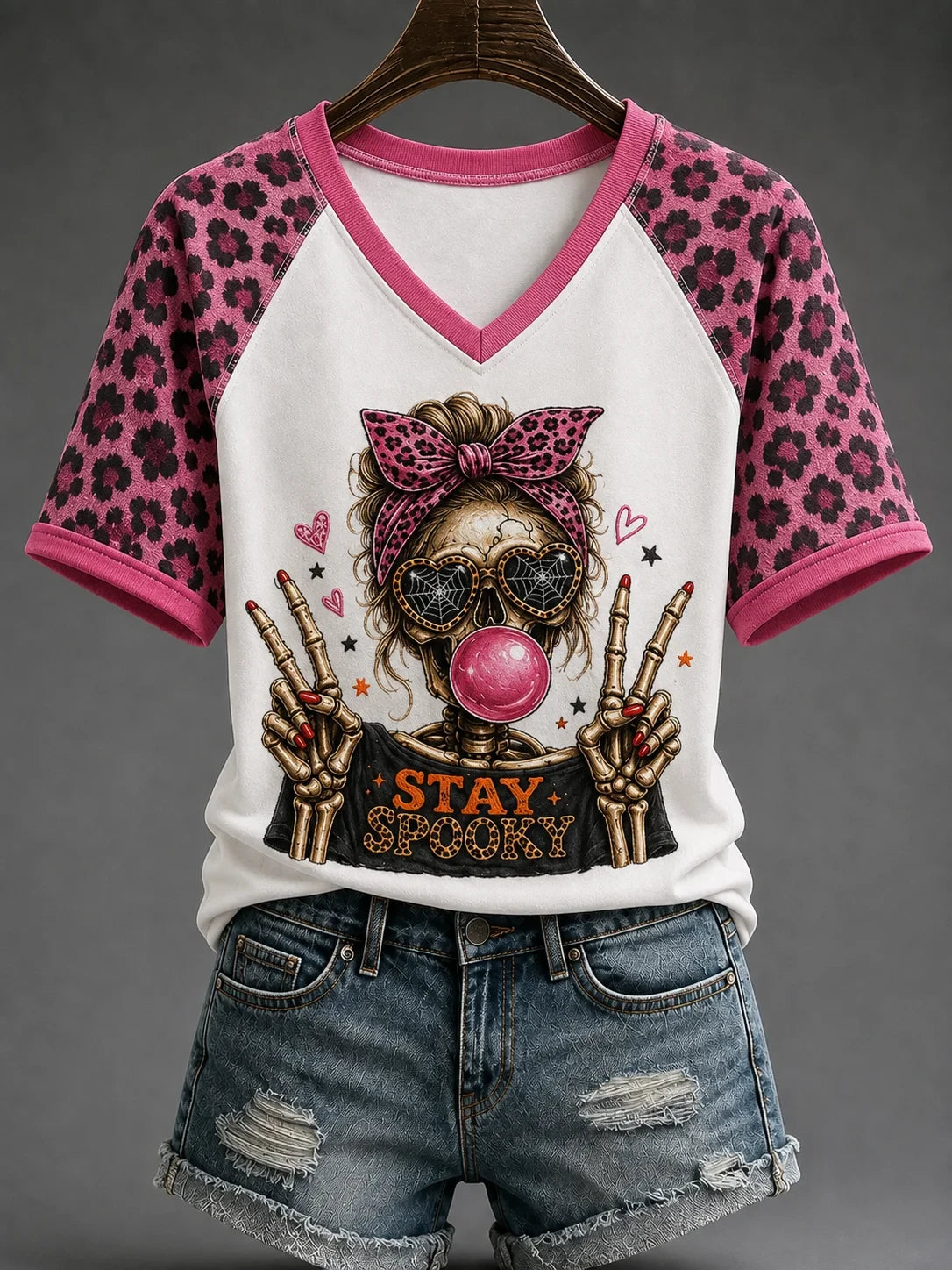 Stay Spooky Skeleton V-Neck Shirt Messy Bun Skull Bubblegum Halloween Tee Spooky Season Gifts - Merchluma