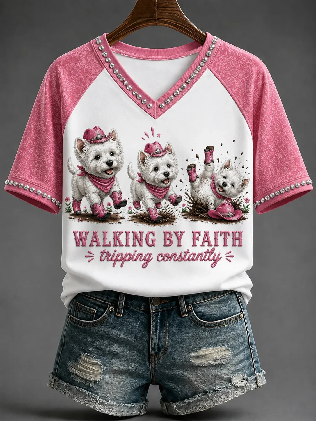 Terriers Walking By Faith Tripping Constantly V-Neck Shirt Christian Apparel Gift For Dog Mom - Merchluma