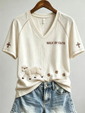 Walk By Faith Fuzzy Lamb And Paw V-Neck Shirt Faith Based Clothing Christian Gifts - Merchluma