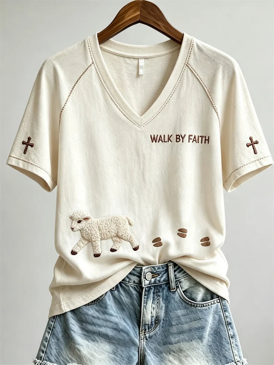 Walk By Faith Fuzzy Lamb And Paw V-Neck Shirt Faith Based Clothing Christian Gifts - Merchluma