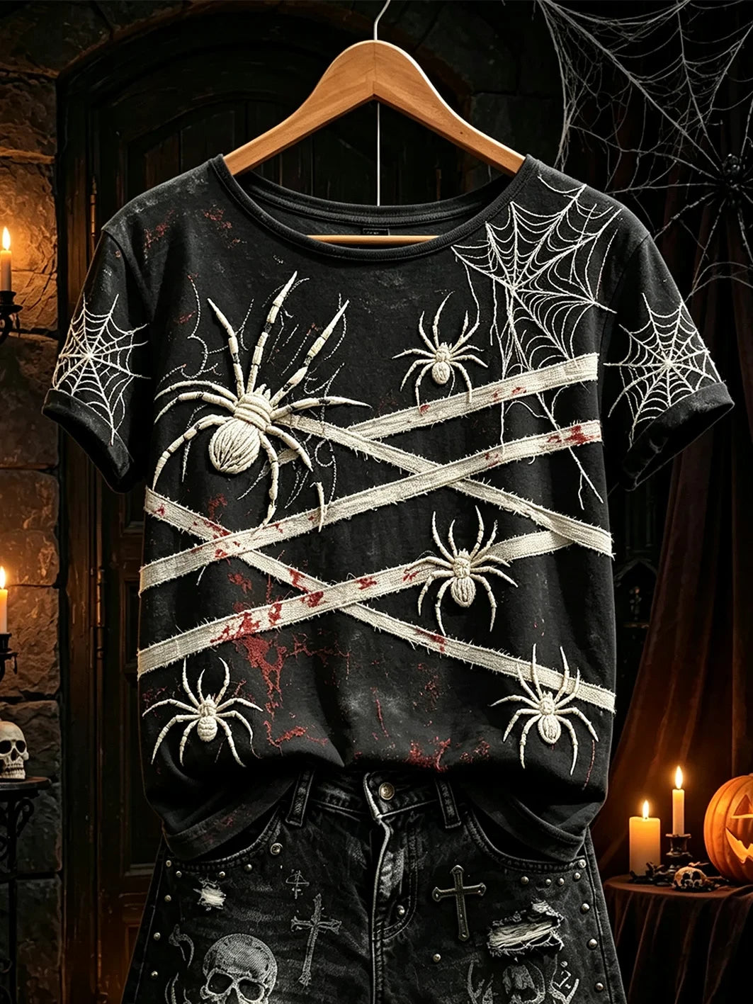Spiders And Webs Mummy Wrap T-Shirt Halloween Spooky Tee Present For Wife - Merchluma