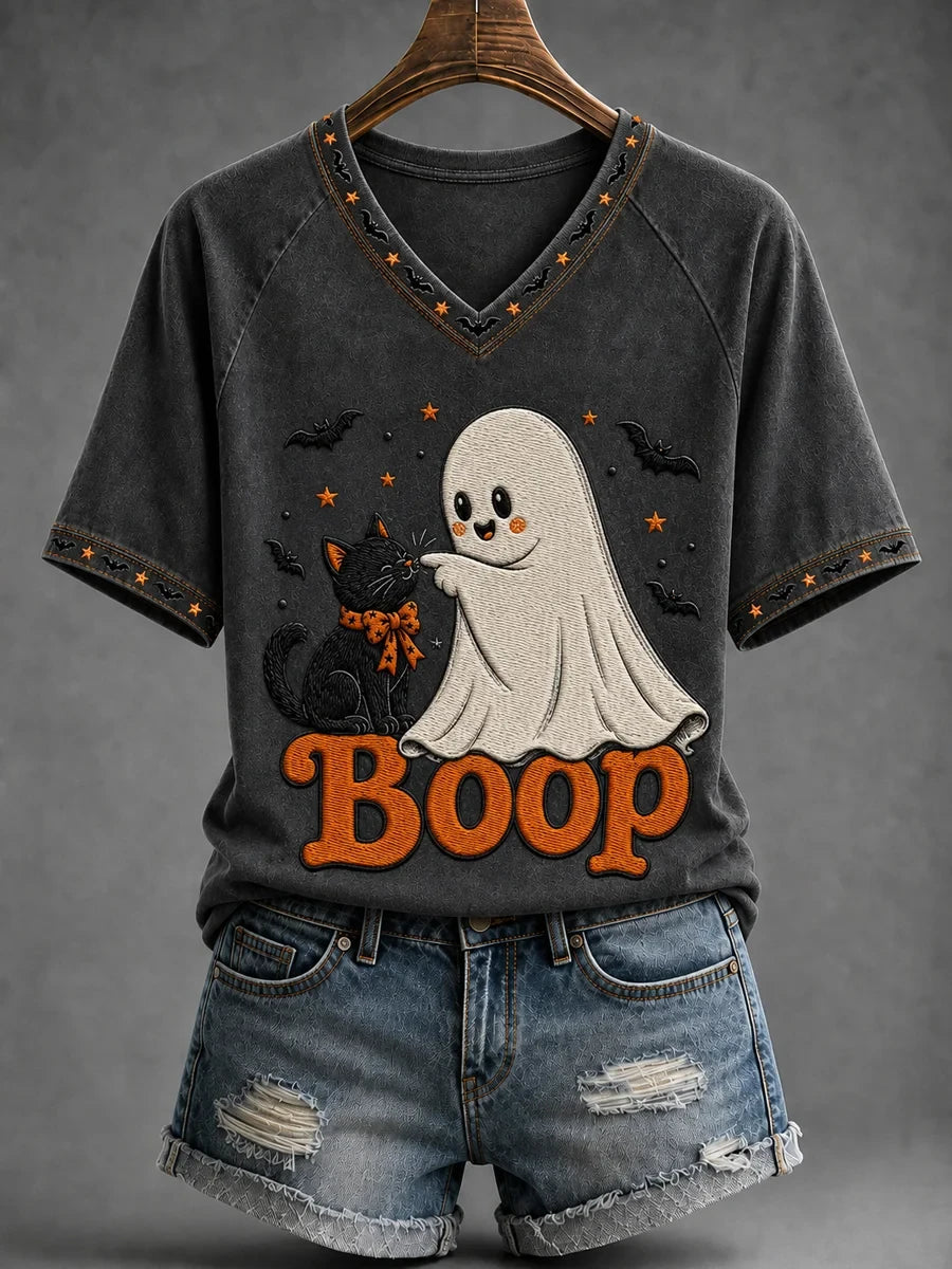 Black Cat Halloween Ghost Boop V-Neck Shirt Cute Halloween Apparel Gift For Cat Lovers - Merchluma