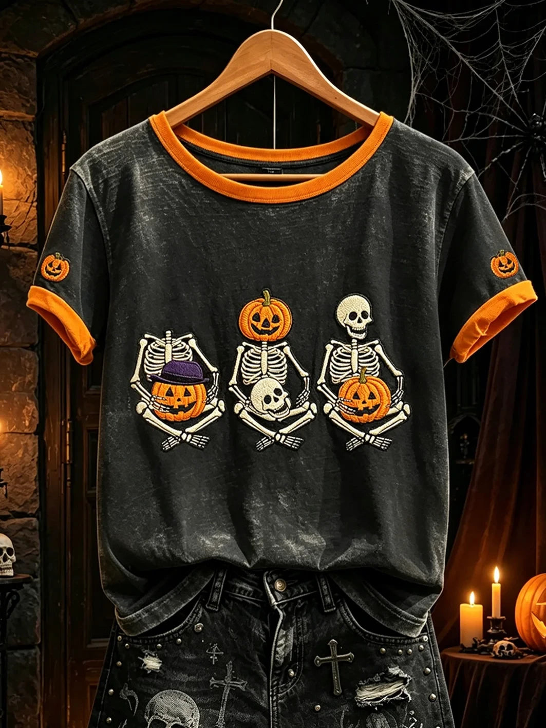 Three Skeletons Pumpkins T-Shirt Halloween Spooky Tee Halloween Clothes For Her - Merchluma