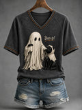 Black Cat Halloween Ghost Boop V-Neck Shirt Women's Cute Halloween Outfit Gift For Cat Lovers - Merchluma