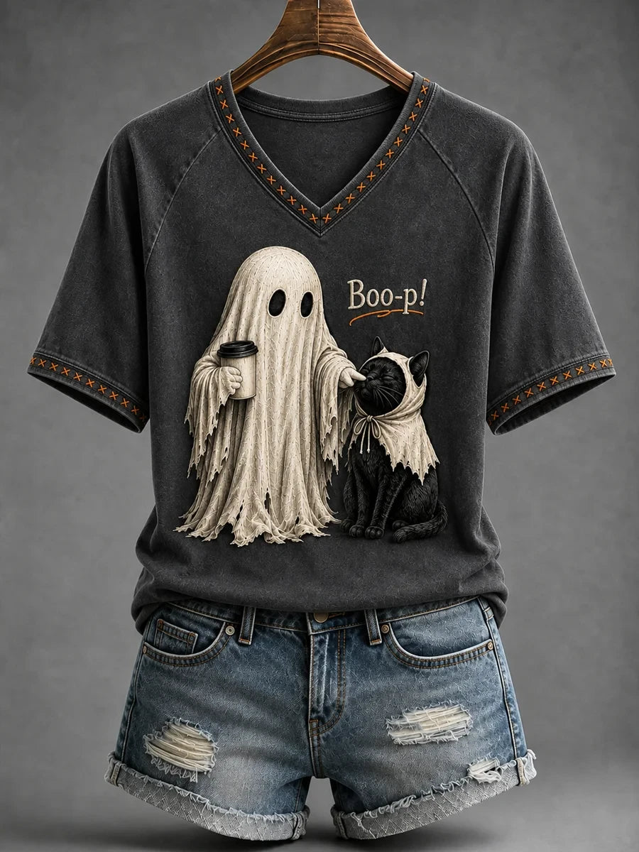 Black Cat Halloween Ghost Boop V-Neck Shirt Women's Cute Halloween Outfit Gift For Cat Lovers - Merchluma