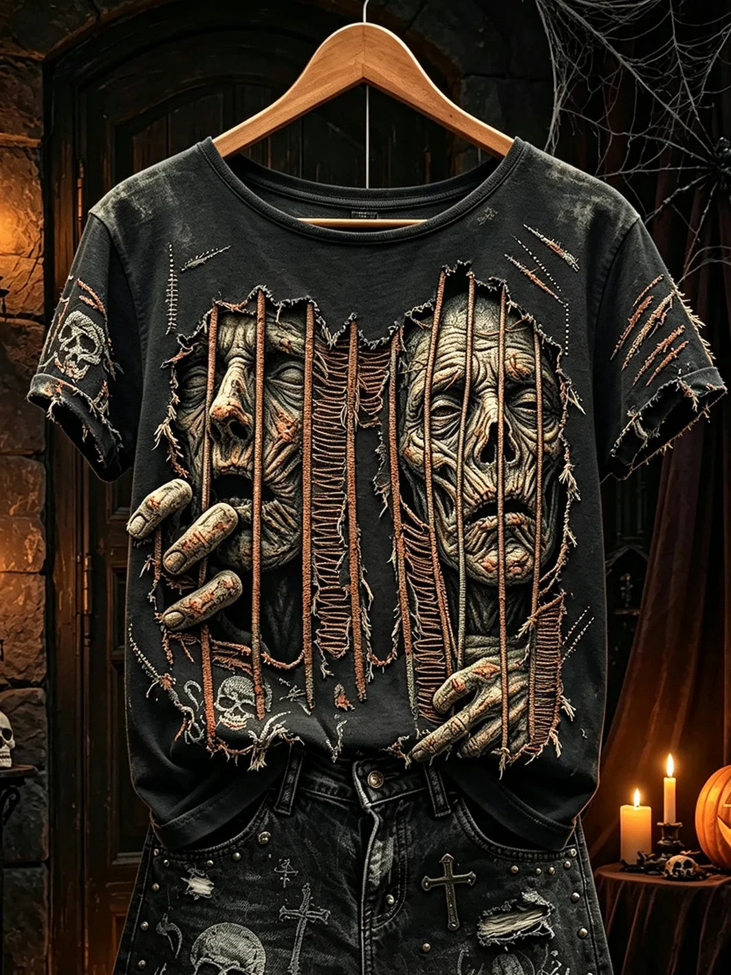 Zombie Prison Bars Torn Fabric T-Shirt Halloween Spooky Shirt Gifts For Wife - Merchluma