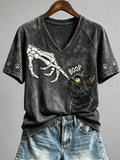 Boop Halloween Skeleton And Black Cat V-Neck Shirt Cute Halloween Merch Gift For Cat Lovers - Merchluma