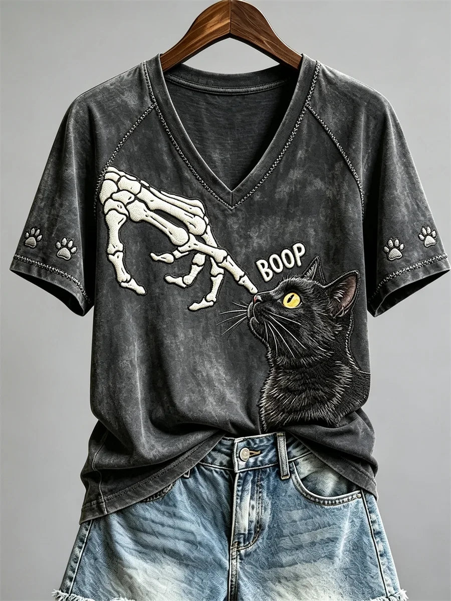 Boop Halloween Skeleton And Black Cat V-Neck Shirt Cute Halloween Merch Gift For Cat Lovers - Merchluma
