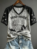 Dead Inside But Still Love Cats Skeleton Black Cats V-Neck Shirt Halloween Clothes For Cat Mom - Merchluma