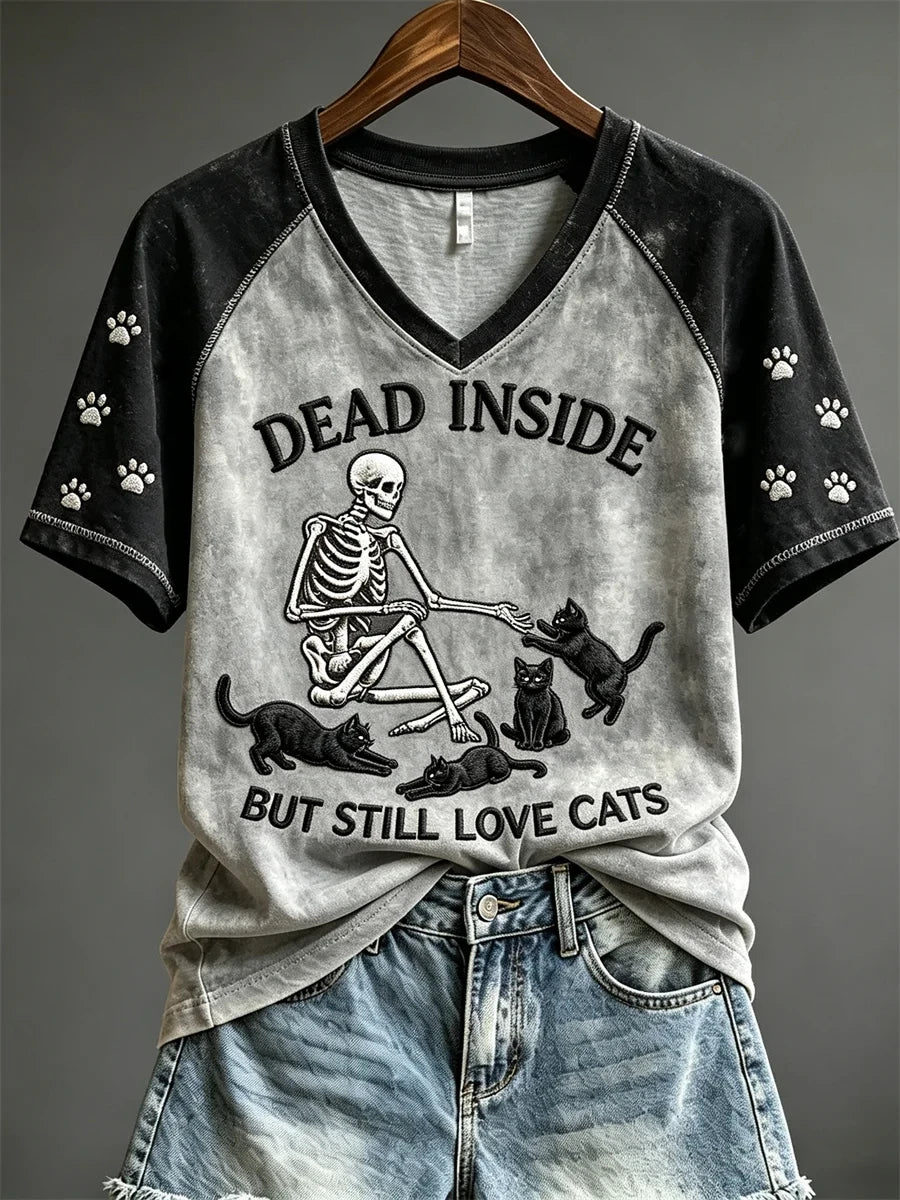Dead Inside But Still Love Cats Skeleton Black Cats V-Neck Shirt Halloween Clothes For Cat Mom - Merchluma