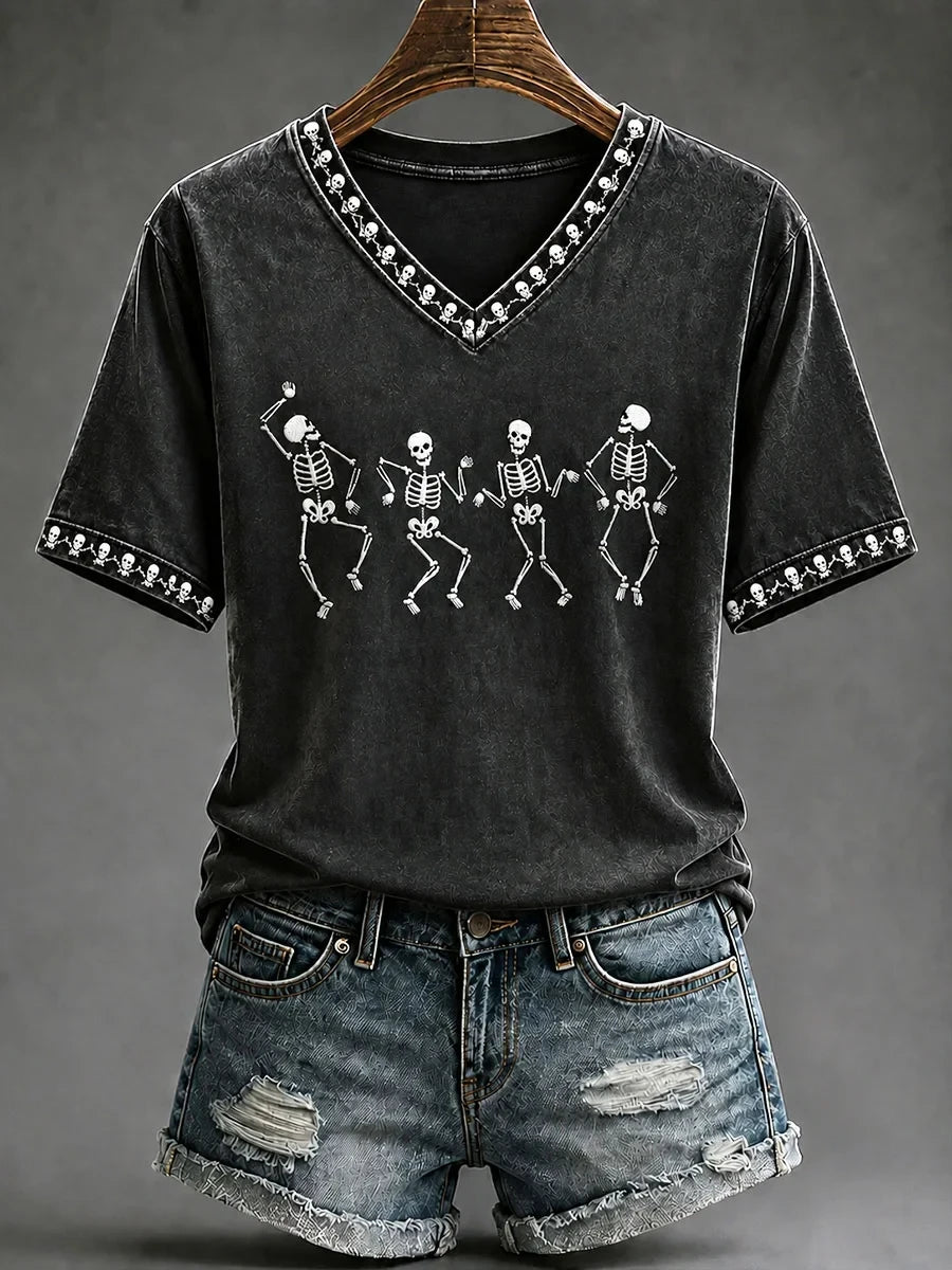 Fun Skull Dancing Halloween V-Neck Shirt Gothic Spooky Season Apparel Halloween Present - Merchluma