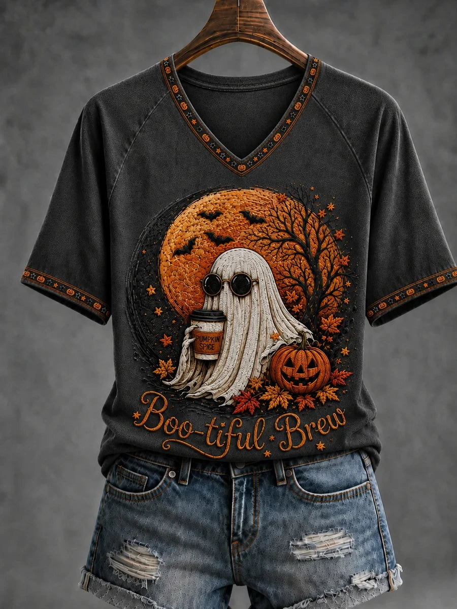 Ghost Boo-Tiful Brew V-Neck Shirt Funny Halloween Pumpkin Shirts Spooky Season Gifts - Merchluma