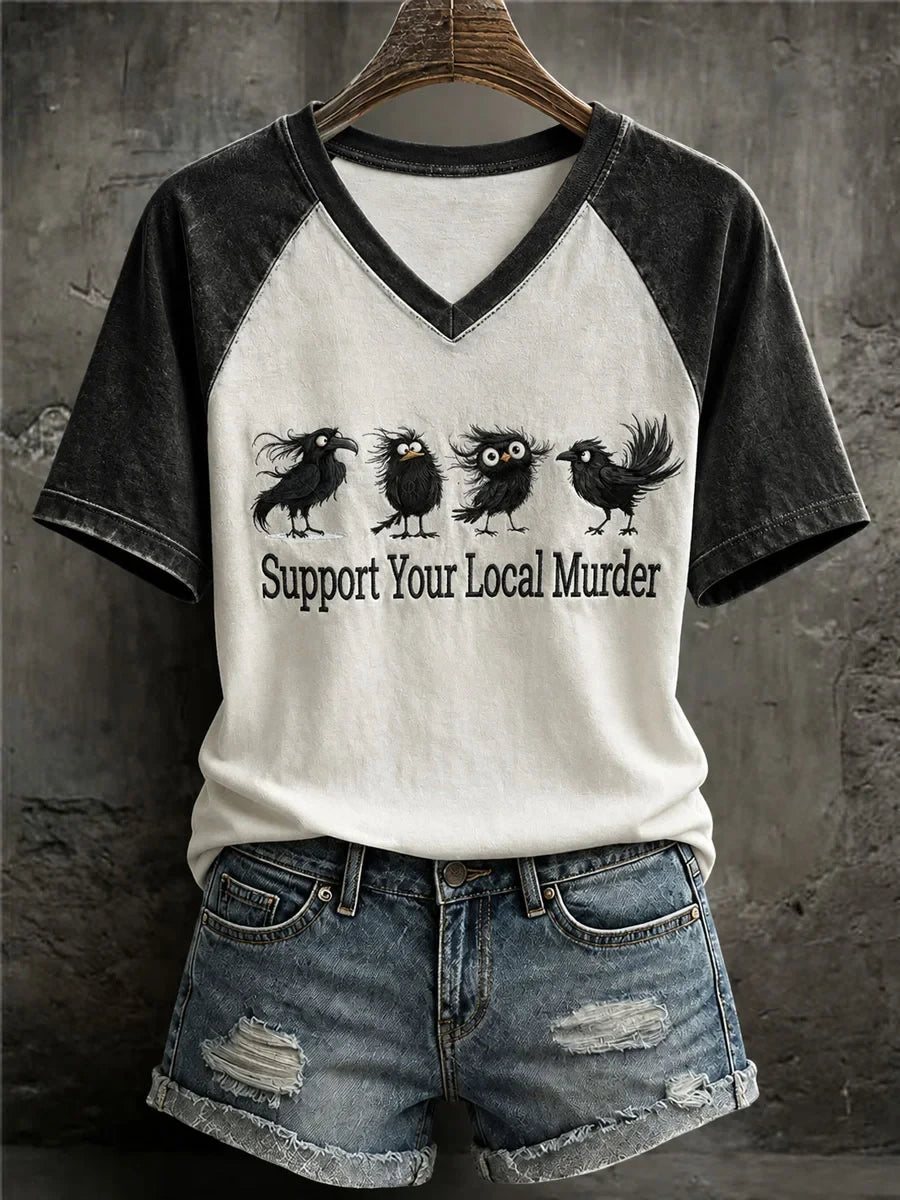 Gothic Raven Support Your Local Murder V-Neck Shirt Funny Halloween Gifts For Friends - Merchluma