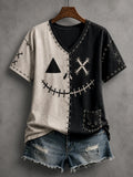 Half Black Half Beige Stitched Face V-Neck Shirt Halloween Voodoo Doll Tee Spooky Season Gift - Merchluma