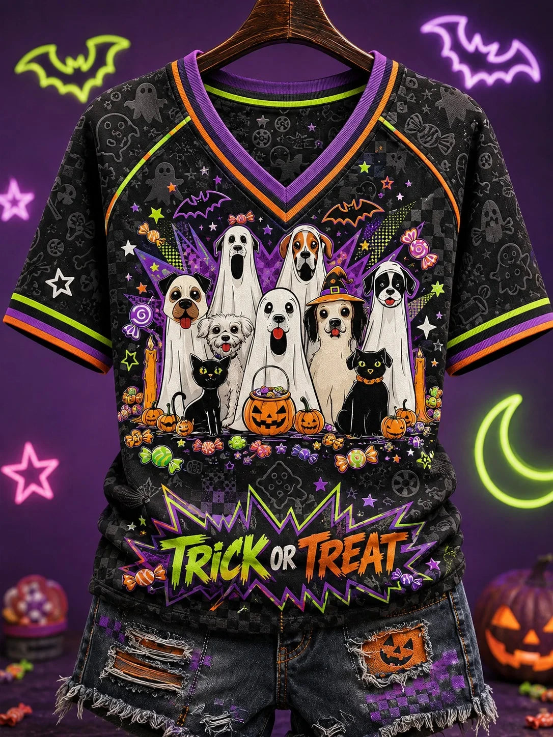 Halloween Dog Trick Or Treat V-Neck T-Shirt Cute Halloween Apparel Gift For Animal Lovers - Merchluma