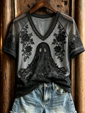 Halloween Ghost Floral Art Gothic V-Neck Shirt Halloween Horror Nights Apparel Gift For Her - Merchluma