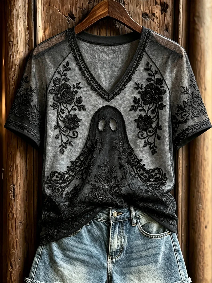 Halloween Ghost Floral Art Gothic V-Neck Shirt Halloween Horror Nights Apparel Gift For Her - Merchluma