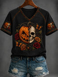 Halloween Half Skull Half Pumpkin V-Neck Shirt Gothic Spooky Season Apparel Halloween Gifts - Merchluma