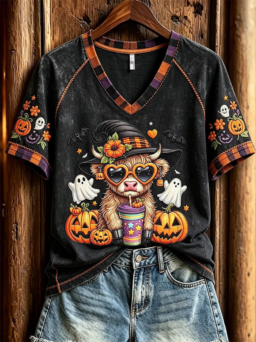 Halloween Highland Cow V-Neck Shirt Witch Outfit For Women Halloween Gift For Cow Lovers - Merchluma