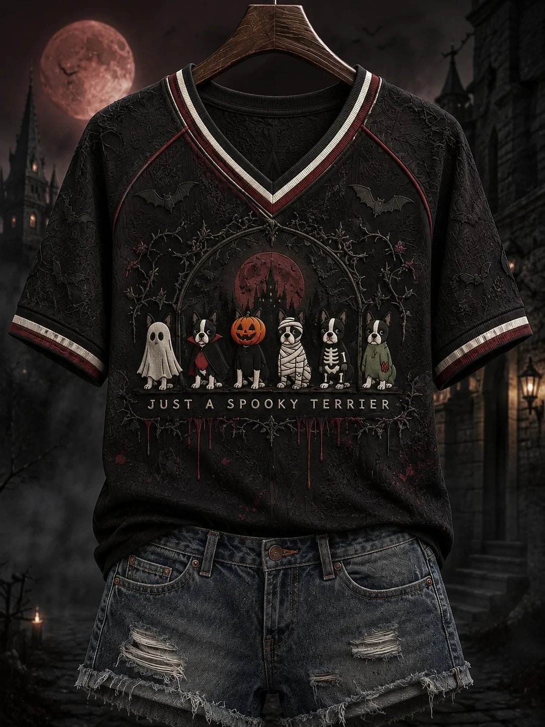 Halloween Just A Spooky Terrier V-Neck T-Shirt Cute Halloween Outfit Gift for Dog Lovers - Merchluma
