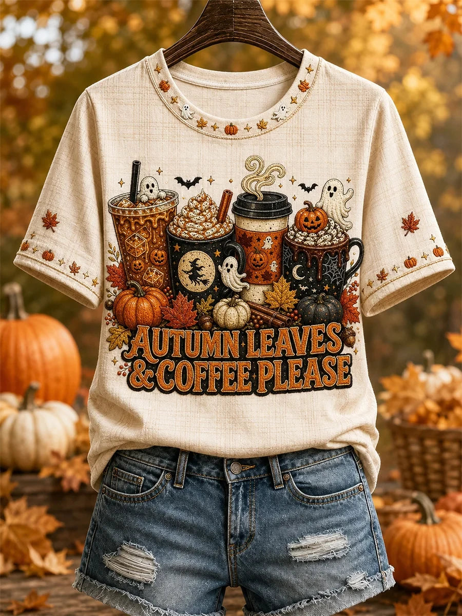 Autumn Leaves Coffee Please T-Shirt Autumn Halloween Merch Gifts For Fall Apparel - Merchluma