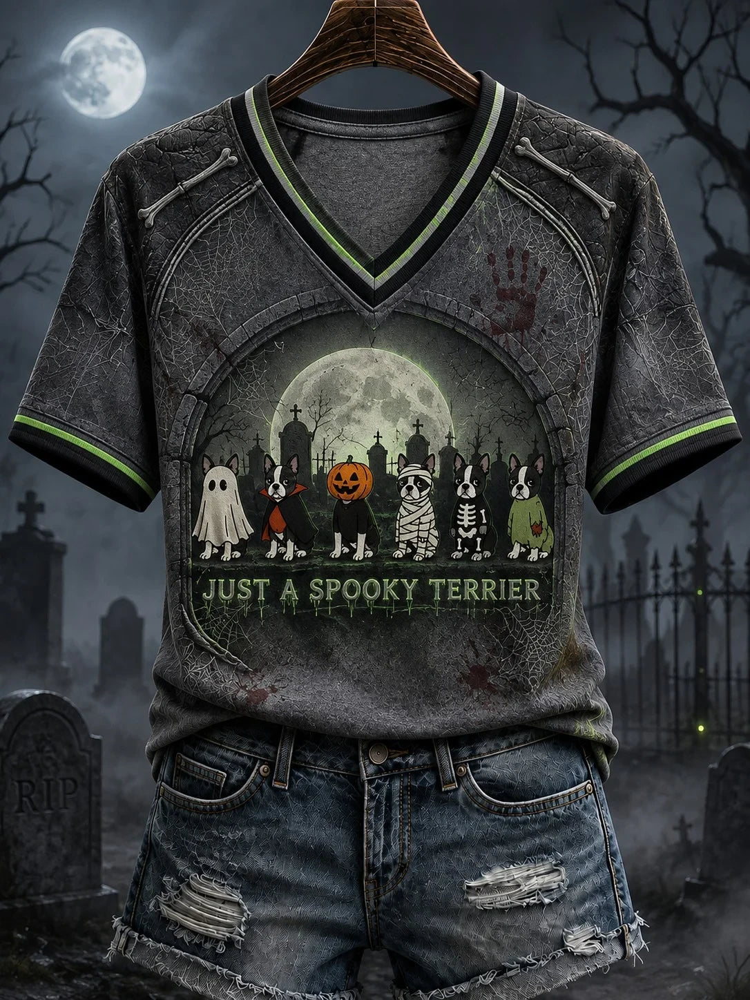 Halloween Just A Spooky Terrier V-Neck T-Shirt Cute Spooky Season Outfits Gift For Dog Lovers - Merchluma