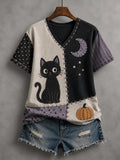 Halloween Patchwork Black Cat Print V-Neck Shirt Spooky Season Shirts Gift For Cat Lovers - Merchluma