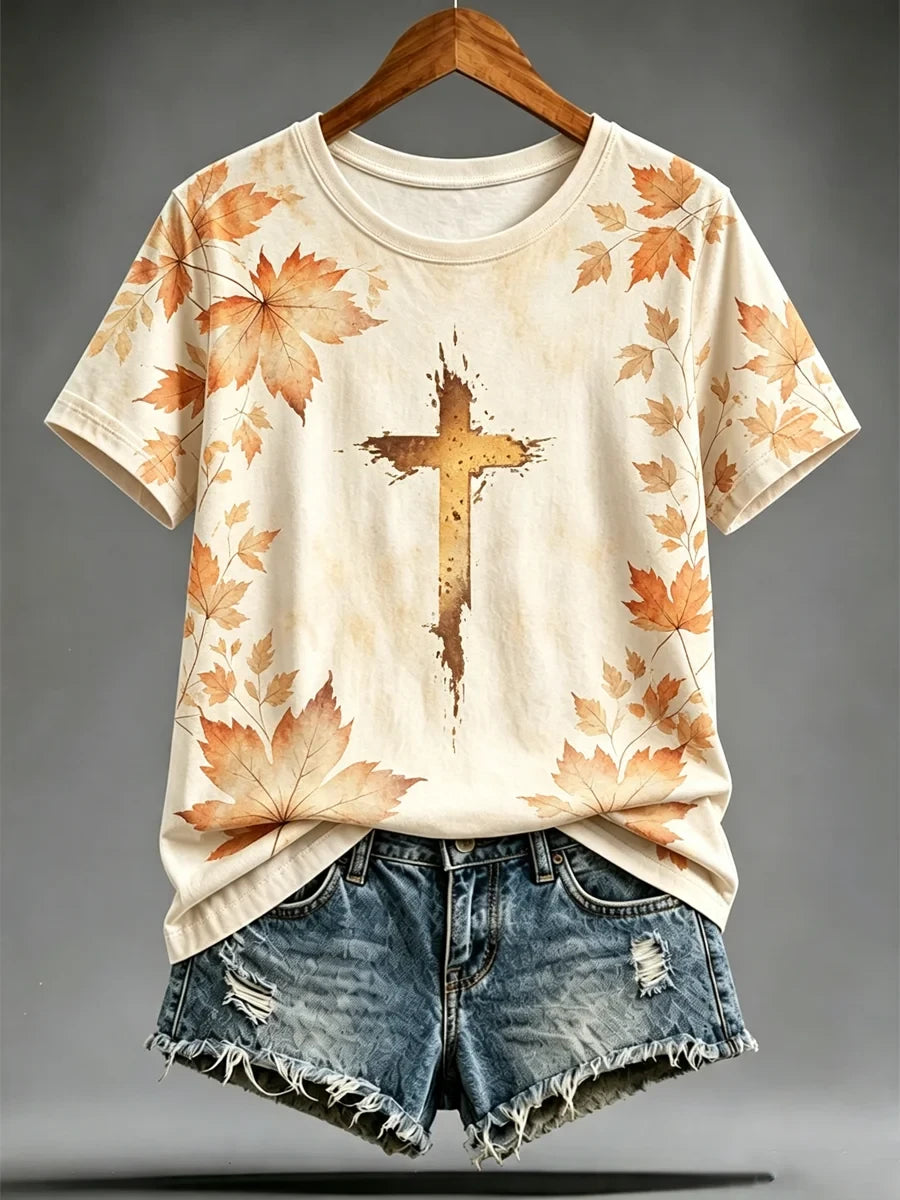 Cross Autumn Leaves T-Shirt Autumn Christian Shirt Outfits For Women - Merchluma
