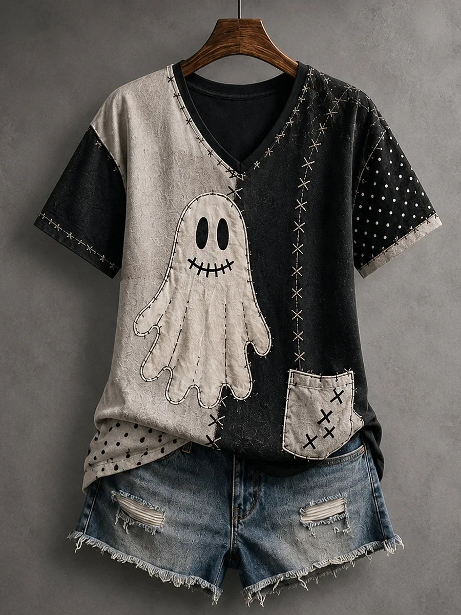 Halloween Patchwork Ghost Print V-Neck Shirt Spooky Season Apparel Cute Halloween Gifts - Merchluma