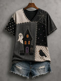 Halloween Patchwork Ghost Print V-Neck Shirt Spooky Season Shirts Halloween Themed Gifts - Merchluma