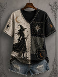 Halloween Patchwork Witch Print V-Neck Shirt Good Gifts For Halloween - Merchluma
