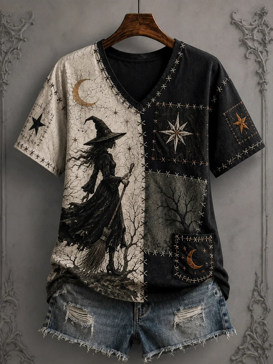 Halloween Patchwork Witch Print V-Neck Shirt Good Gifts For Halloween - Merchluma