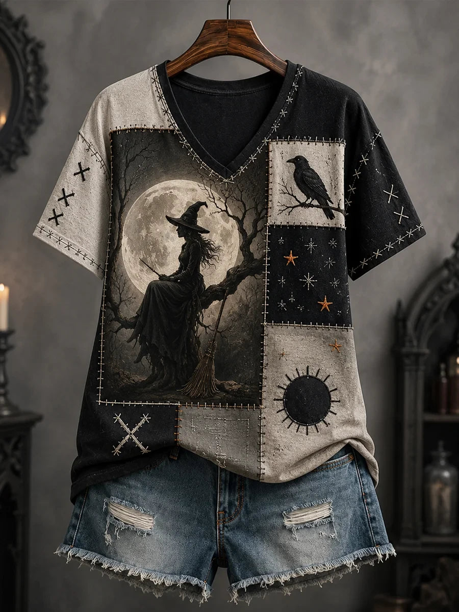 Halloween Patchwork Witch Print V-Neck Shirt Halloween Themed Clothes Gift For Witch Lovers - Merchluma