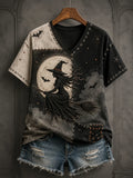 Halloween Patchwork Witch Print V-Neck Shirt Womens Halloween Gifts For Teens - Merchluma