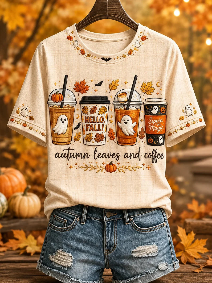Autumn Leaves And Coffee Please T-Shirt Autumn Halloween Tee Unique Gifts For Her - Merchluma