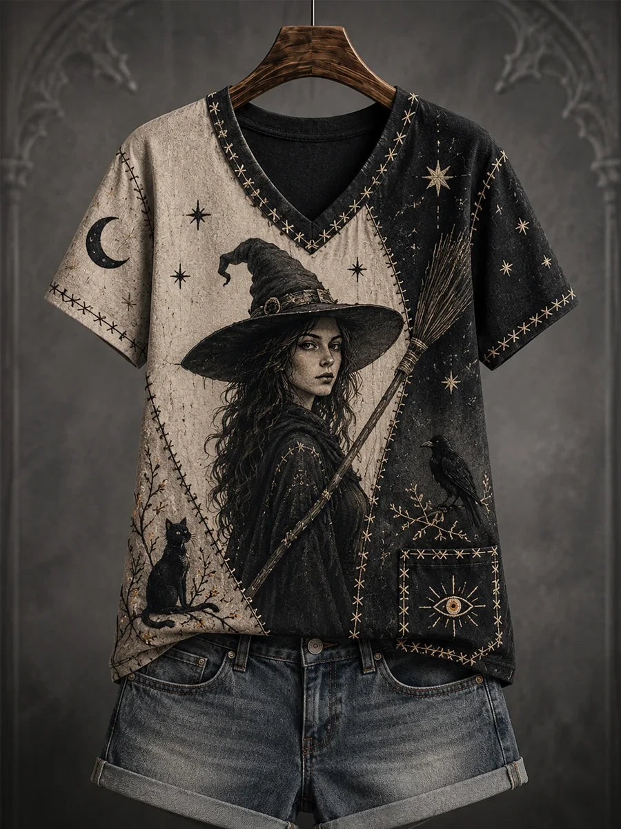 Halloween Patchwork Witch Print V-Neck Shirt Womens Witch Outfit Good Gifts For Halloween - Merchluma