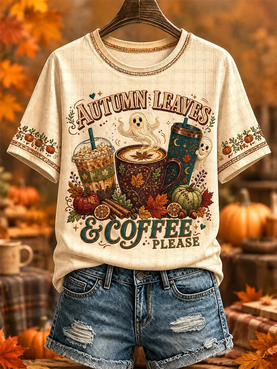 Autumn Leaves Coffee Please T-Shirt Autumn Halloween Merch Cozy Apparel Gift - Merchluma