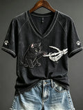 Halloween Skeleton And Black Cat V-Neck Shirt Target Halloween Apparel Gifts For Cat Lovers - Merchluma