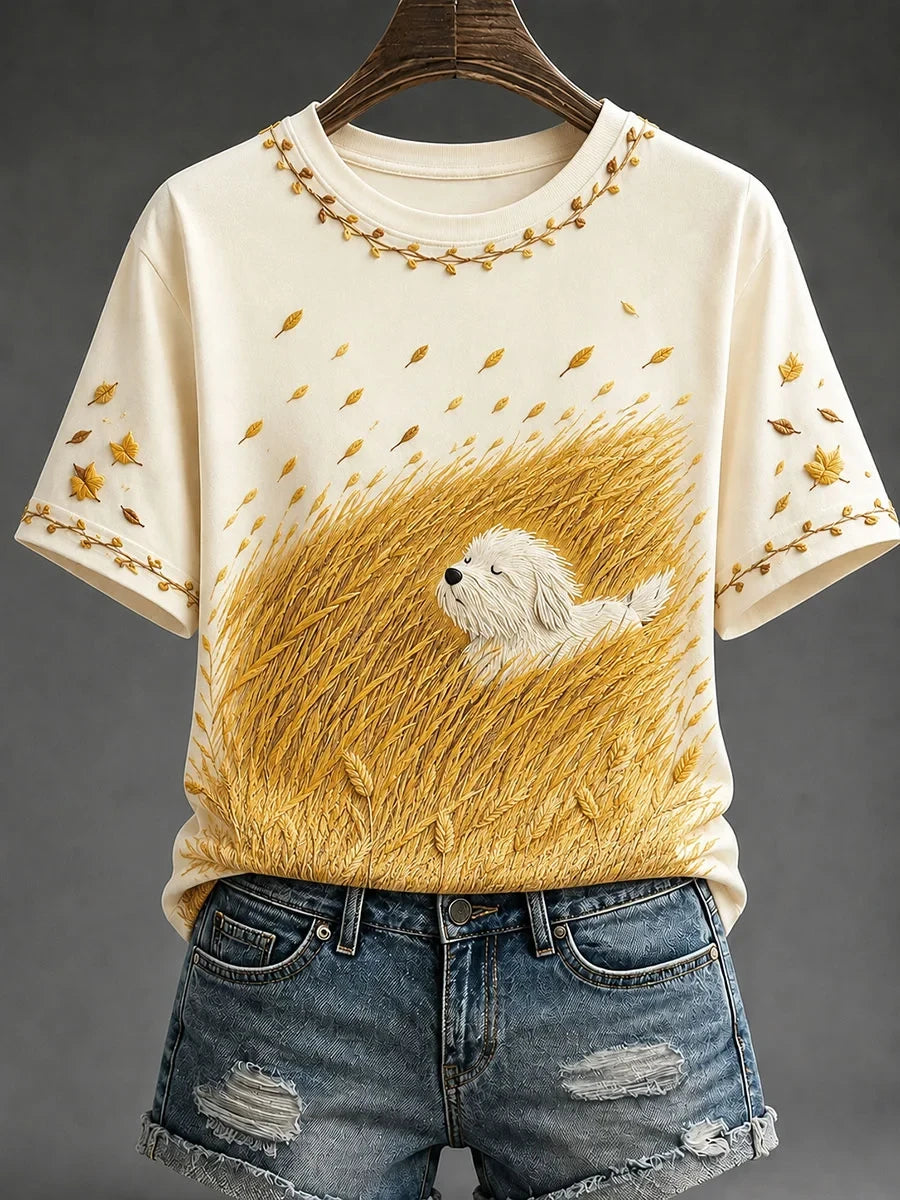 Cute White Dog In Golden Wheat Field T-Shirt Autumn Dog Tee Women Outfits - Merchluma