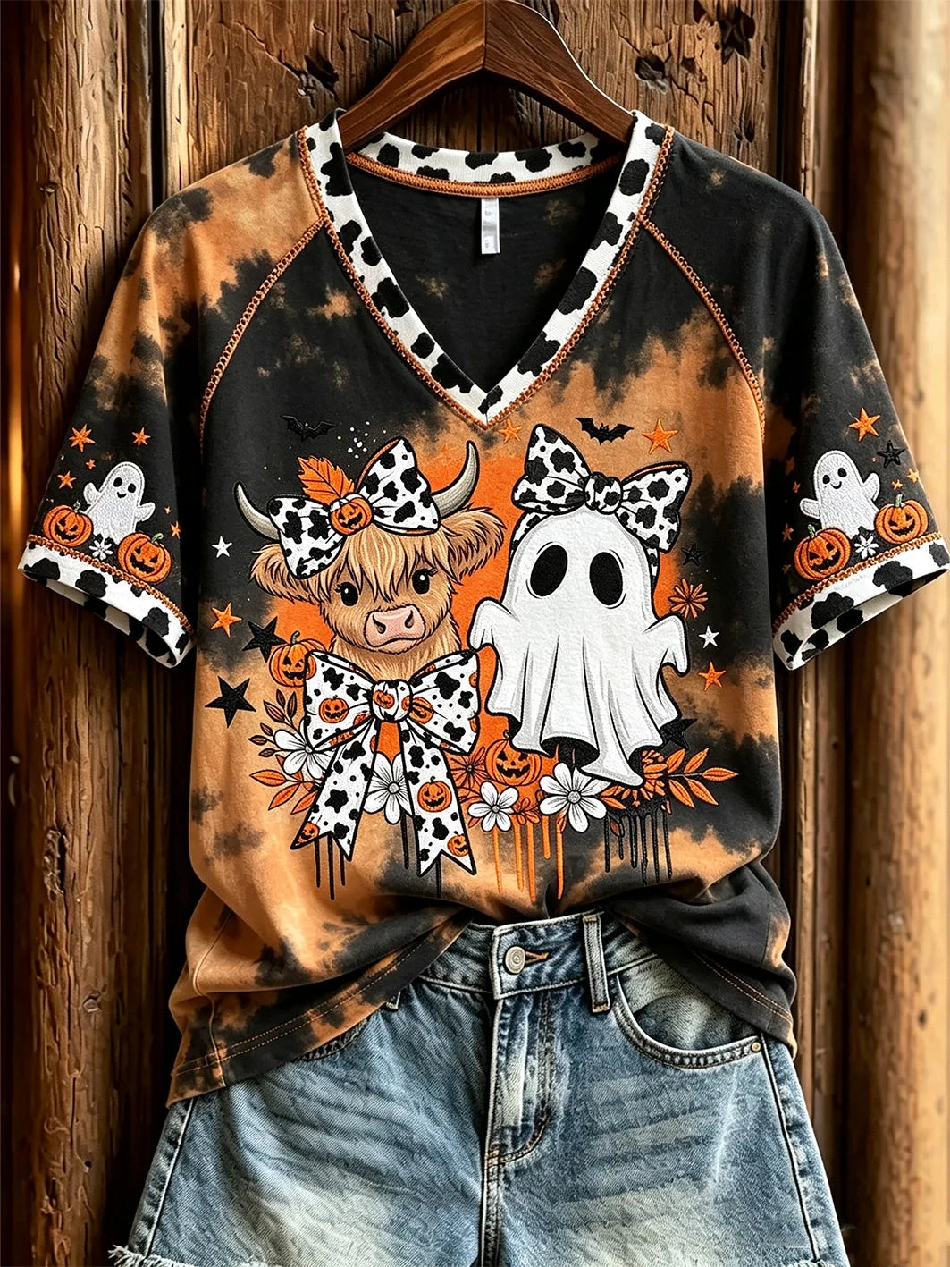 Highland Cow Ghost Halloween Themed V-Neck Shirt Cute Spooky Outfits Gifts For Cow Lovers - Merchluma